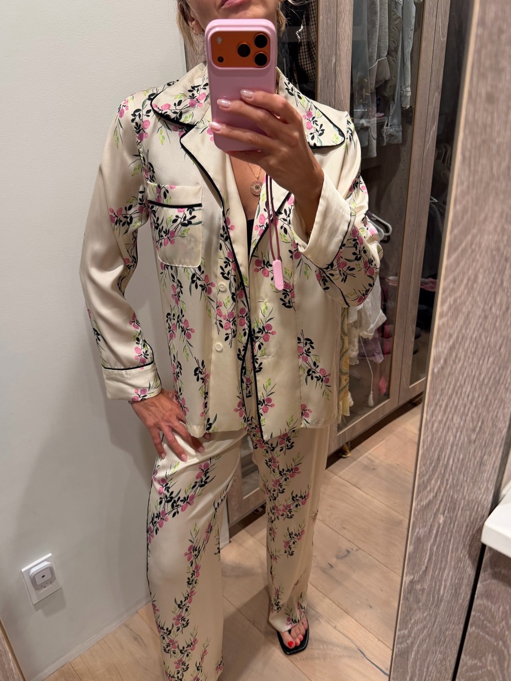 Zara Cream Satin Wide-Leg Pajama Set with Pink Floral